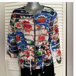Ruby Rd.  Linen Floral Print mesh jacket with Blue and Red Accents size 12